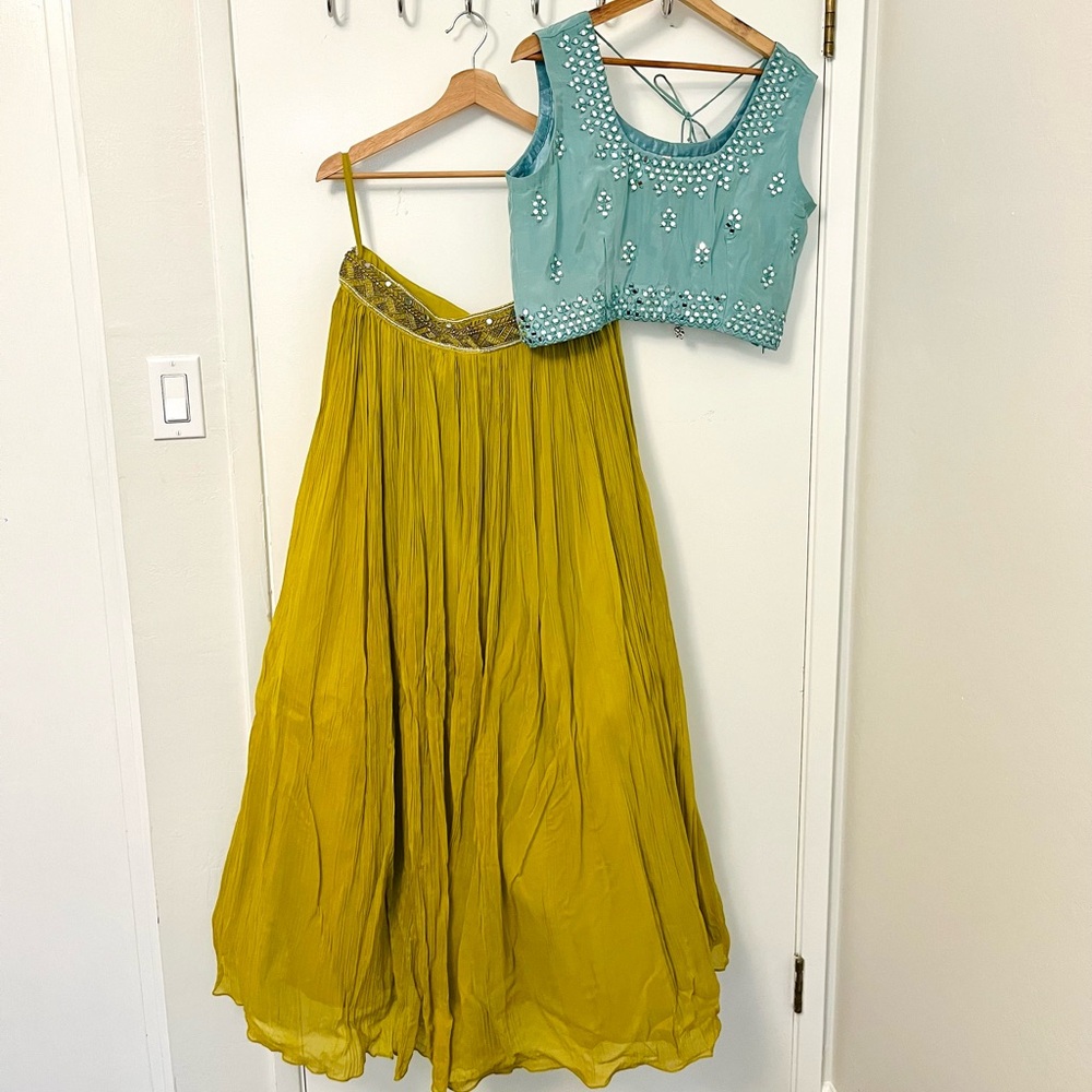 Seafoam Green Embellished Blouse with Mustard Yellow Lehenga